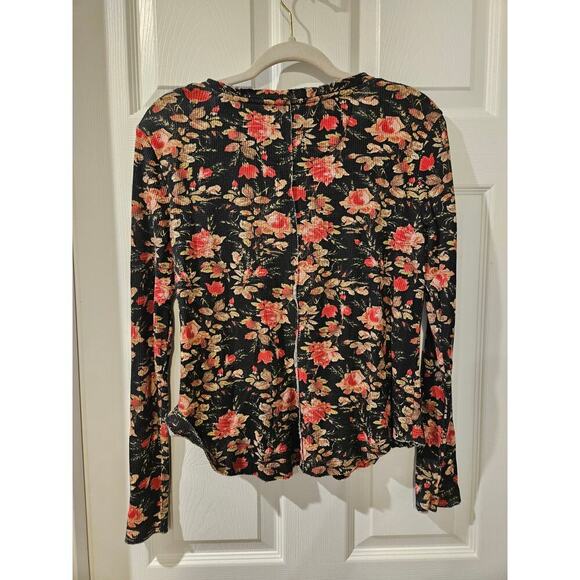 Anthropologie Pilcro Split-Neck Top Black Floral Motif Waffle Knit Womens Medium - Picture 8 of 8